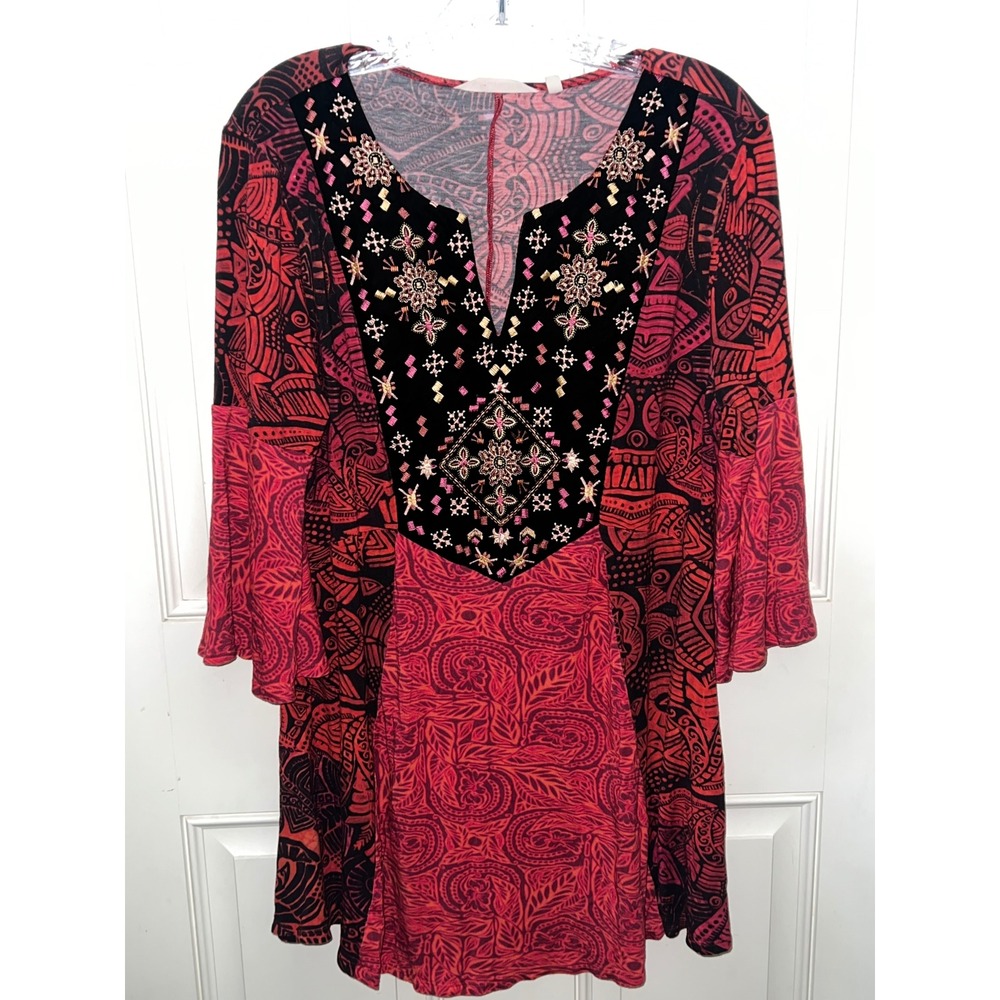 Soft Surroundings Red Black Velvet Medieval Paisley Embroidered Tunic Top M